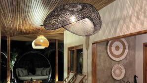 A modern interior with a hanging light fixture, a cushioned seating area, and a large potted plant. - Luxurious Beachfront Villa with Private Pool in Punta Uva (Punta Uva)