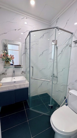 Baño con ducha envuelta en vidrio, lavamanos, inodoro y espejo con un florero.