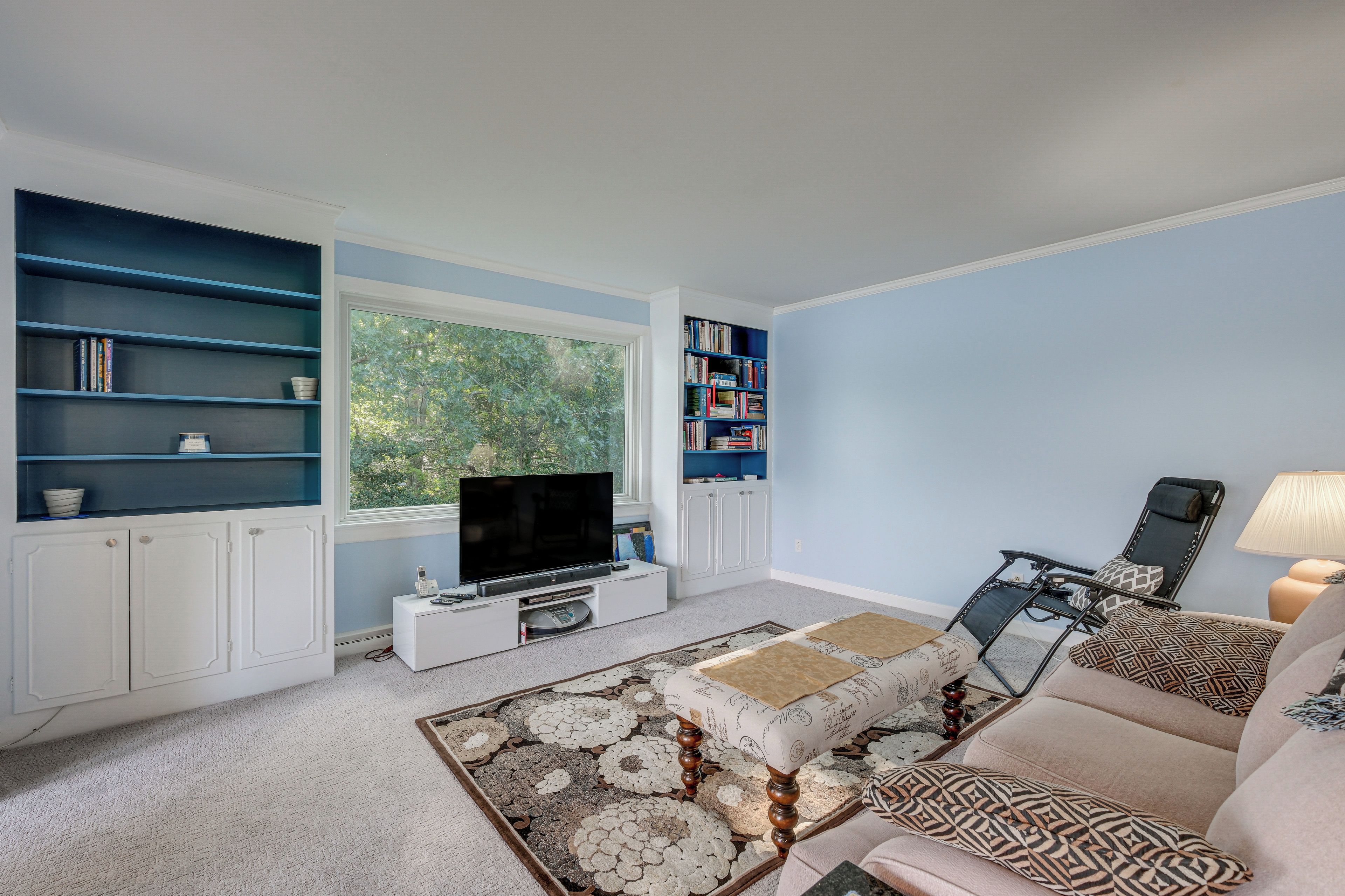 A living room with a television, bookshelves, a sofa, and a window with a view of trees.