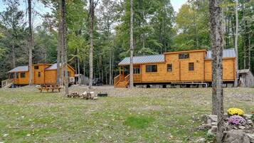 Un ensemble de chalets en bois, comprenant plusieurs chalets, une table de pique-nique et une terrasse couverte.