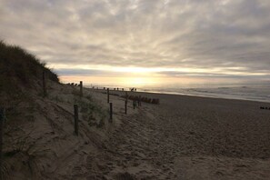Ein Strand mit einer Holzlattenzaun, sandigen Dünen und einem bewölkten Himmel.