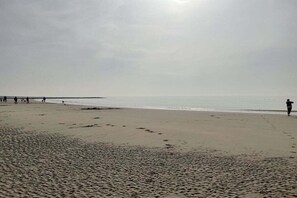 A beach with a pier extending into the water, sandy beach, and footprints in the sand. - Bungalow with 1 bedroom (Den Helder, Julianadorp)