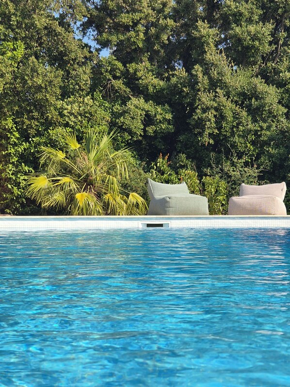 A swimming pool with clear blue water, surrounded by lush green foliage and two large, light-colored cushions placed on the poolside. - Maison Olivette: Provençal villa with a private pool, 6 bedrooms, and olive trees (Flayosc)
