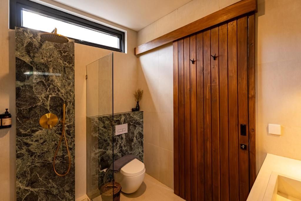 A bathroom with a shower, toilet, and wooden door.