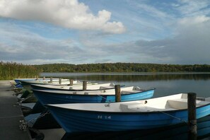 Eine Reihe blauer Boote liegt an einer Pier vor einem ruhigen See mit bewaldeter Uferlinie.