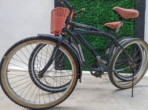 Bicicleta com cesto e banco marrom, encostada a uma parede com sebe verde.