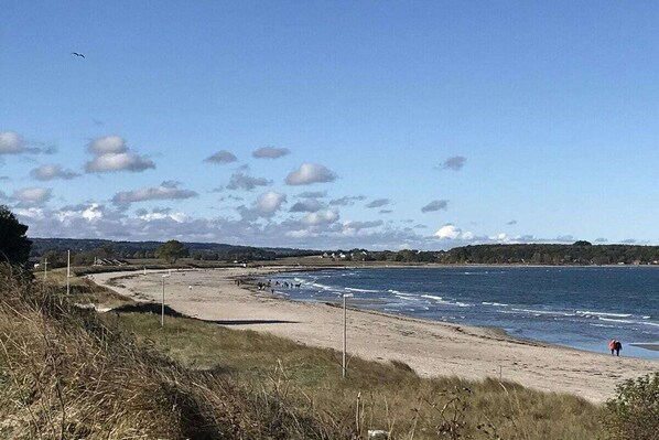 Ein Strand mit blauem Himmel, sandigem Ufer und wenigen Spaziergängern.