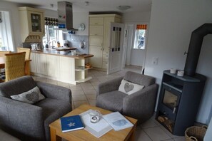 A cozy living room with two grey sofas, a wooden coffee table with a book and papers, and a fireplace. - Holiday home with 2 bedrooms (Wyk auf Föhr)