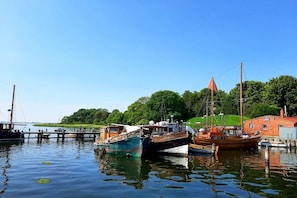 A marina with several boats docked, a red building, and a green hill in the background. - Holiday apartment with 1 bedroom (Insel Poel)
