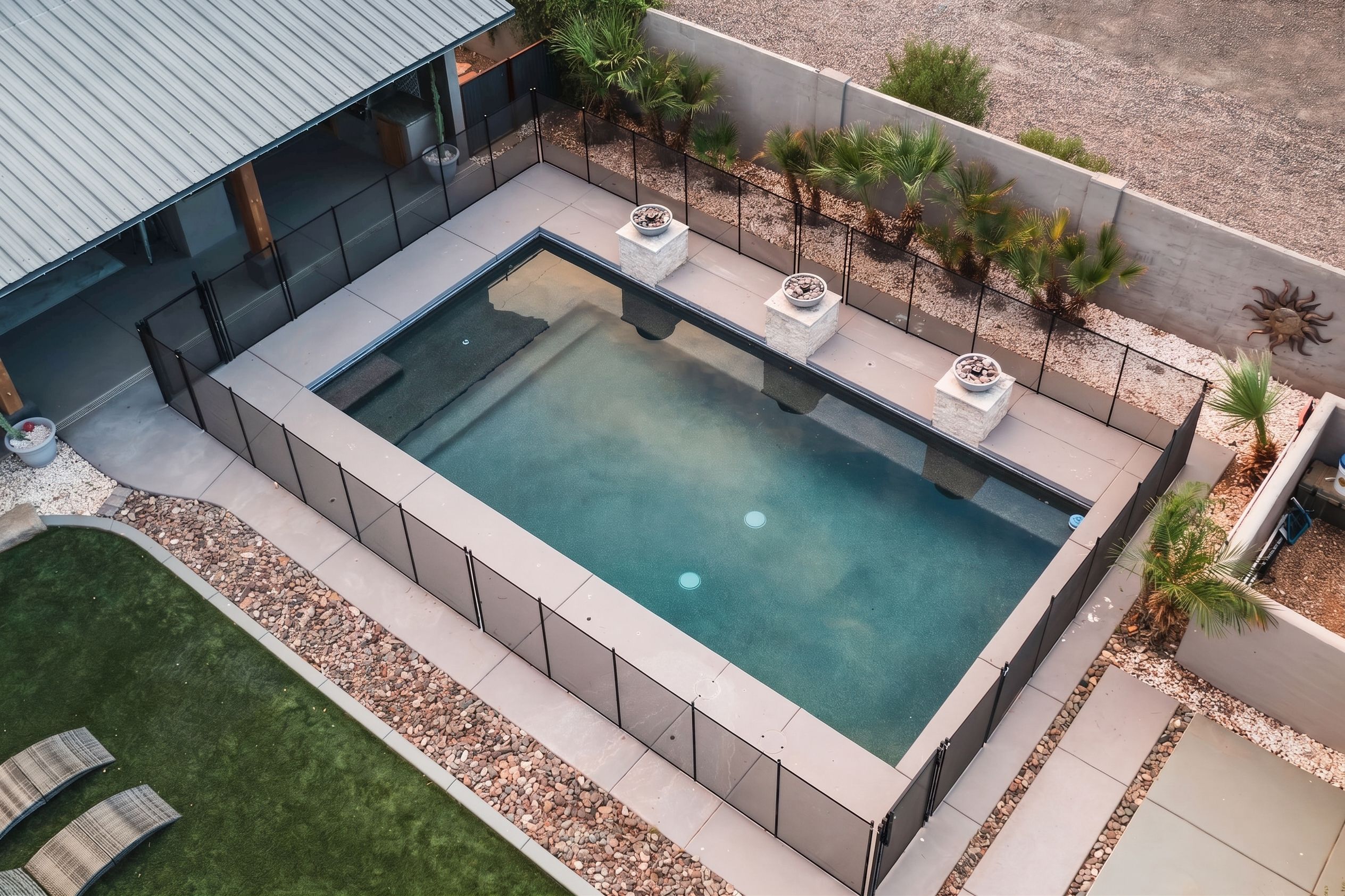 A rectangular swimming pool with a surrounding deck, a small patio area, and a landscaped garden with palm trees.
