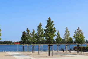 A lakeside park with metal benches and trees. - in the heart of the old town (Heiligenhafen)