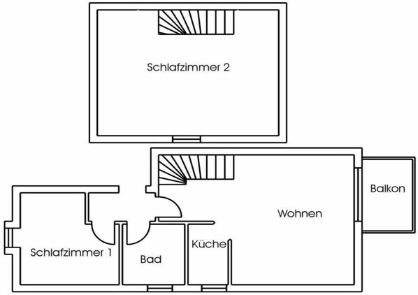 A floor plan with two bedrooms, a bathroom, a kitchen, a living room, and a balcony. - Holiday apartment with 2 bedrooms (Büsumer Deichhausen)