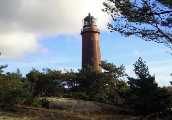 Un faro con estructura cilíndrica, rodeado de árboles y vegetación.