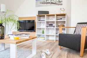 A modern living room with a flat-screen TV, a bookshelf, a coffee table with books and a glass of orange juice, a gray sofa, and a wooden coffee table. - Holiday apartment with 1 bedroom (Zingst)