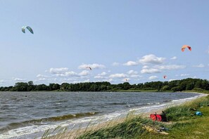 Ein Strand mit Wasser, Gras und einer entfernten Baumreihe.