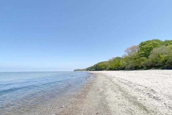 A beach with clear water, a sandy shore, and a forested hill in the background.