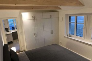 A room with a large wardrobe, a window with a view, and a small kitchenette area.