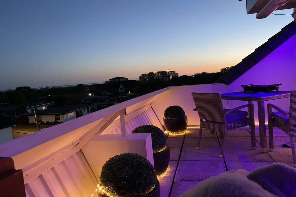 Una terrazza sul tetto con tavolo e sedie, piante in vaso e vista sulla città.