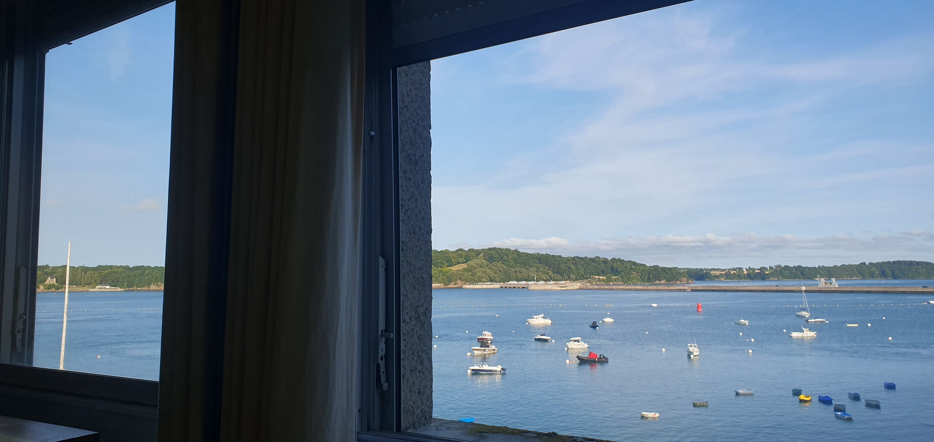 Une vue sur un port où se trouvent de nombreux bateaux, avec un paysage verdoyant en arrière-plan.