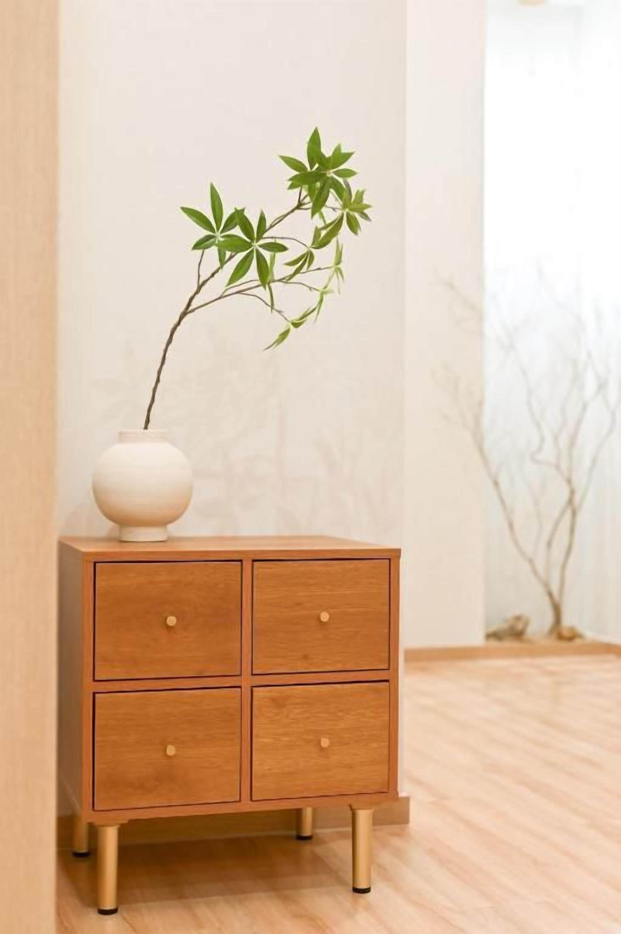 A wooden nightstand with drawers and a vase with a plant.