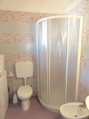 Een badkamer met toilet, bidet en douchecabine.