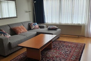 A living room with a grey sofa, a wooden coffee table, and a patterned rug. - Beach Apartment 38 "Dune View" (GH Callantsoog)