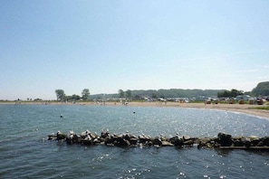 A beach with a rocky breakwater, calm water, and distant trees. - Holiday home with 2 bedrooms (Langballig)
