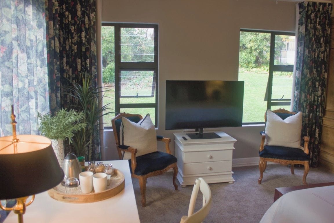A room with a television, two chairs, a small table with a tray, and a potted plant.