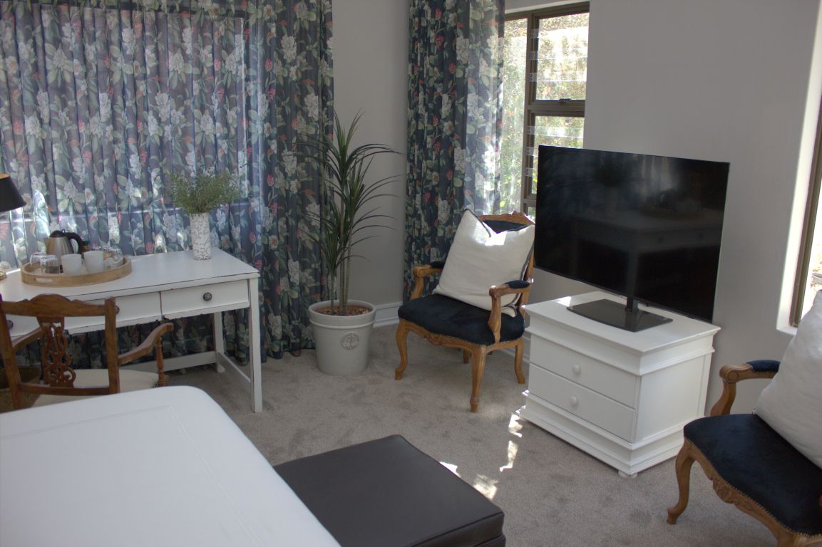A room with a white desk, a television on a stand, a chair with a cushion, a potted plant, and a window with curtains.