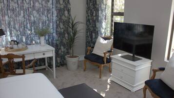 A room with a white desk, a television on a stand, a chair with a cushion, a potted plant, and a window with curtains.