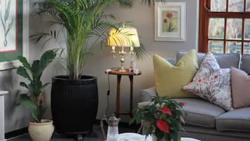 Una sala de estar con sofá, lámpara y plantas en macetas.