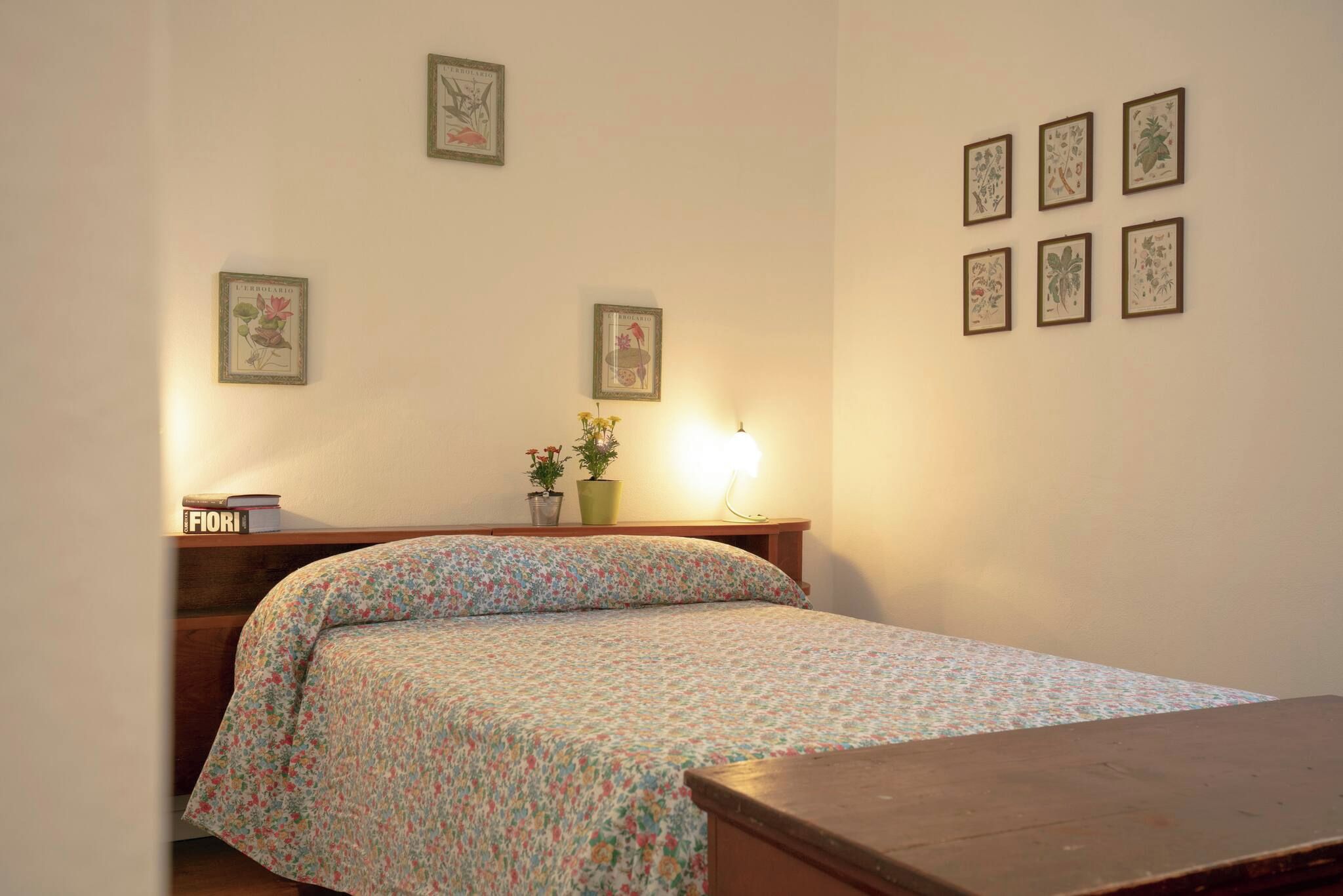 A bedroom with a floral bedspread, a bedside table with a lamp, and framed botanical prints on the wall.