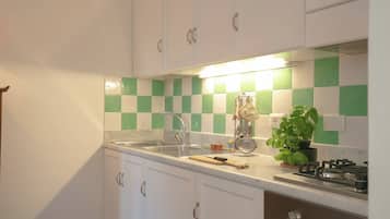 A kitchen with white cabinets, a green and white checkered backsplash, a sink, a stove, and a potted plant.