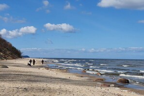 Ein Strand mit Spaziergängern, einem Hund und Wellen.