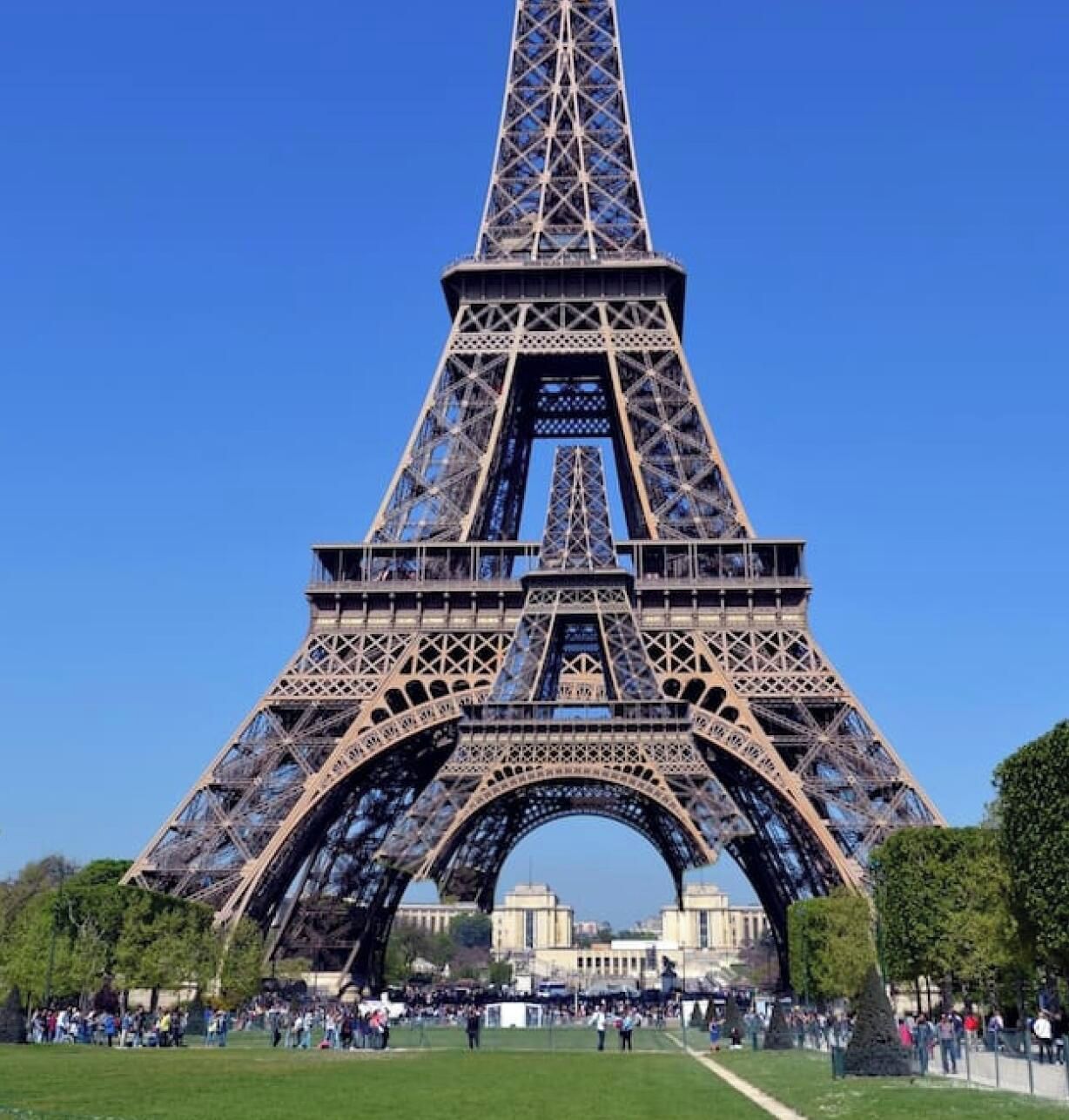 The Eiffel Tower with its intricate iron lattice structure, surrounded by a grassy area and a clear blue sky.