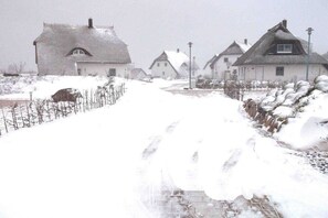 A snow-covered residential area with houses, a paved path, and a fence.