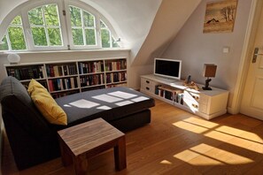Ein gemütliches Schlafzimmer im Loft-Stil mit großem Dachfenster, einer bequemen Couch, einem Fernseher und einem Bücherregal.
