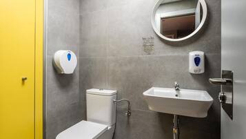 Un baño con inodoro, lavamanos y espejo.
