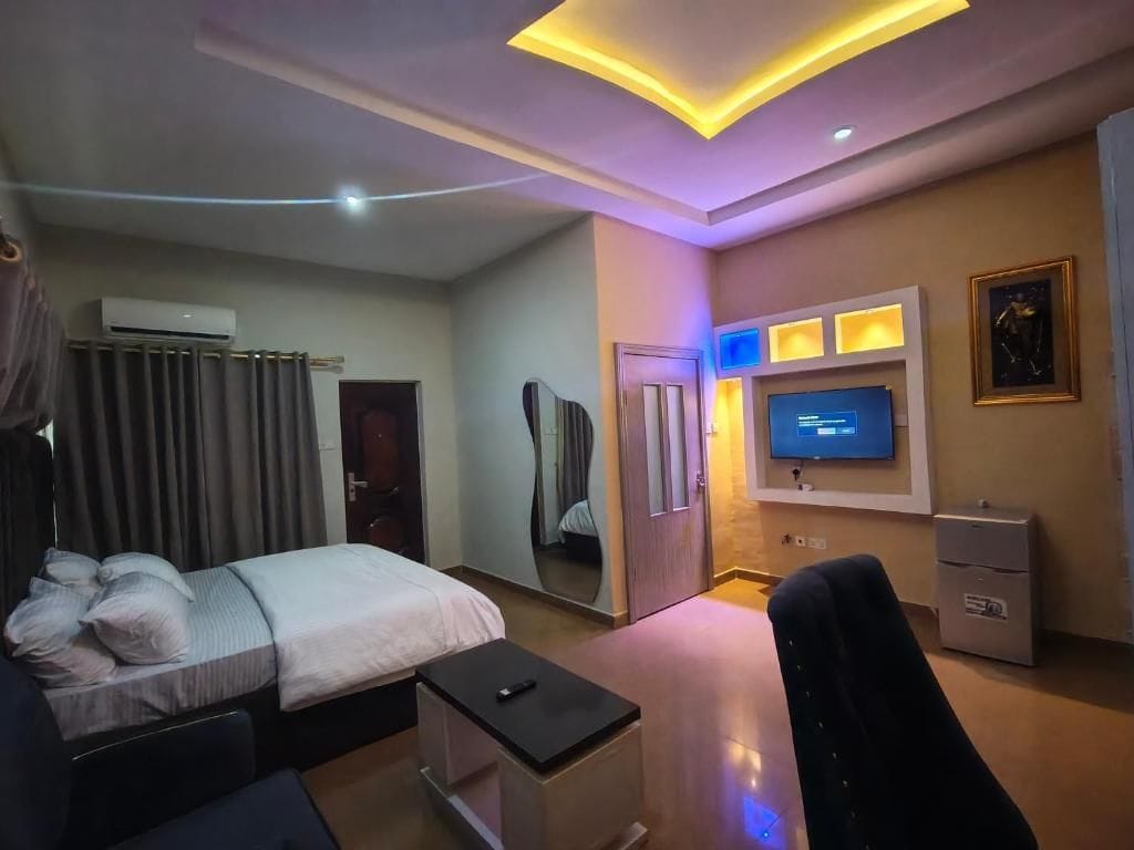 Una habitación de hotel con cama, mesita de noche, televisión y espejo.