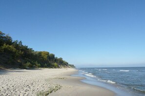 Ein Strand mit sandigem Ufer und Wellen.