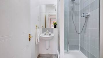 Une salle de bain moderne avec un lavabo blanc, une douche en verre et une petite plante en pot posée sur le rebord de la fenêtre.