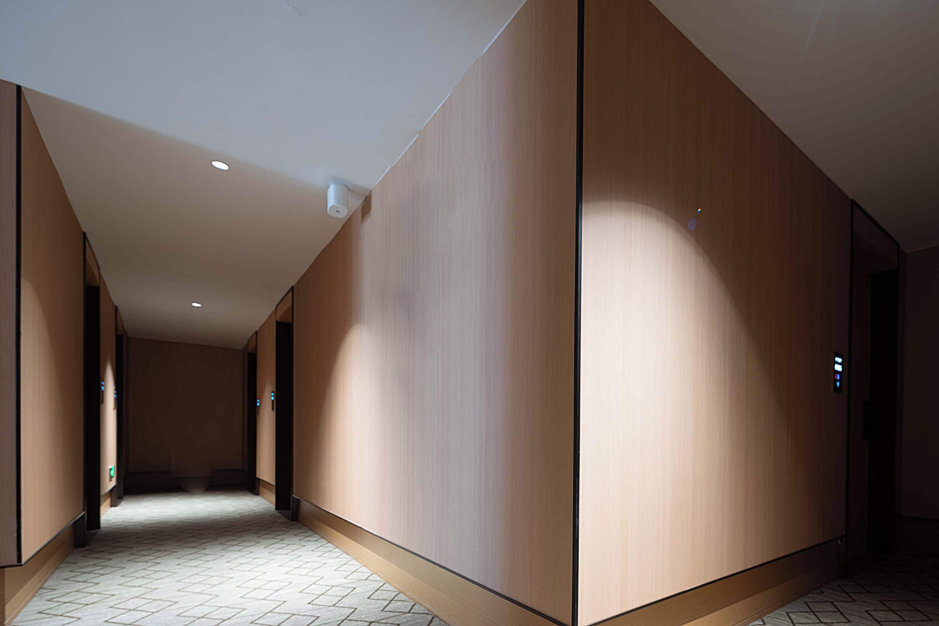A corridor with wooden panel walls and a patterned floor, leading to a door with a light switch.