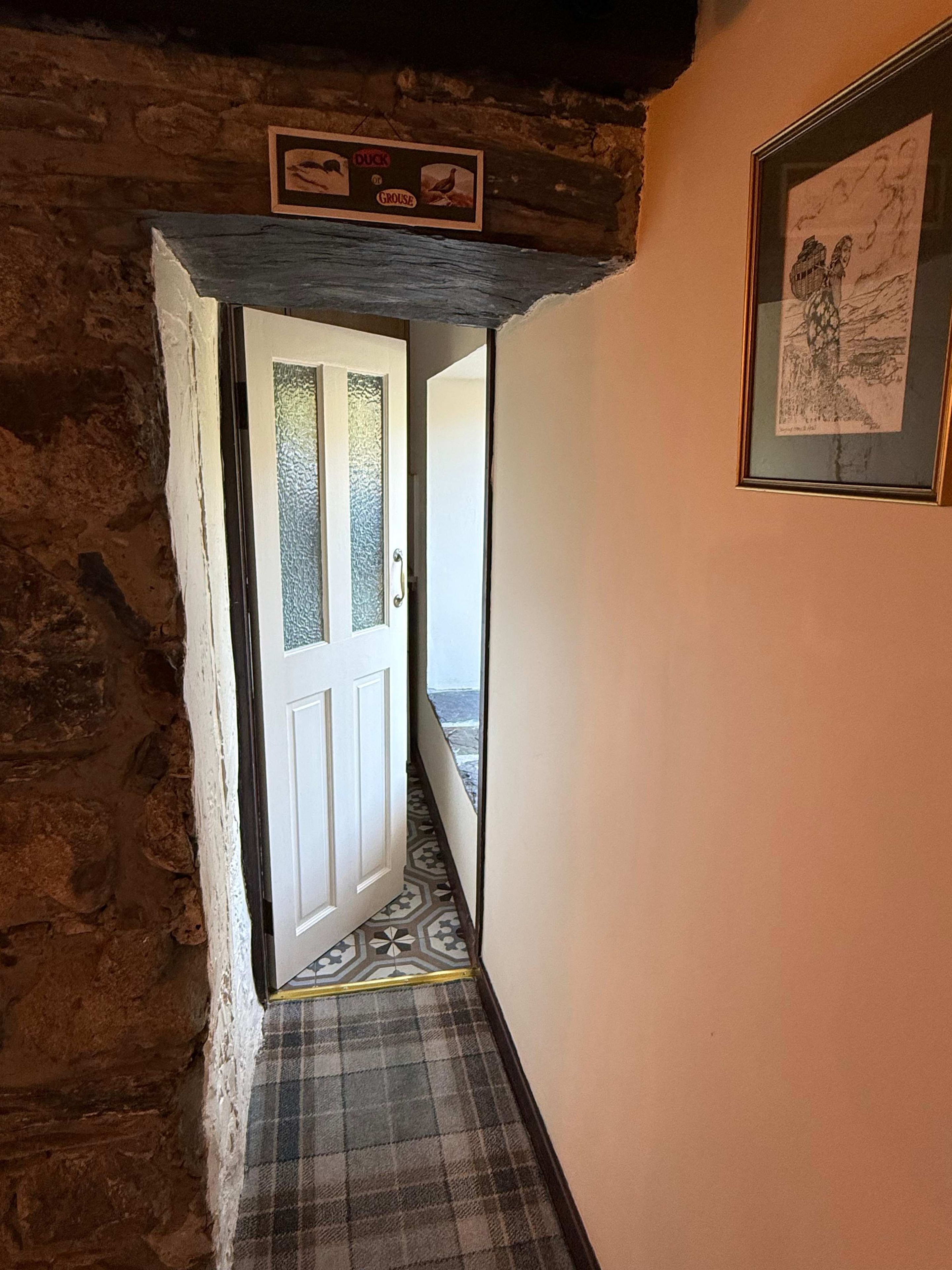 Un pasillo estrecho con una puerta que da a otra habitación, un cuadro en la pared y una pared con textura.
