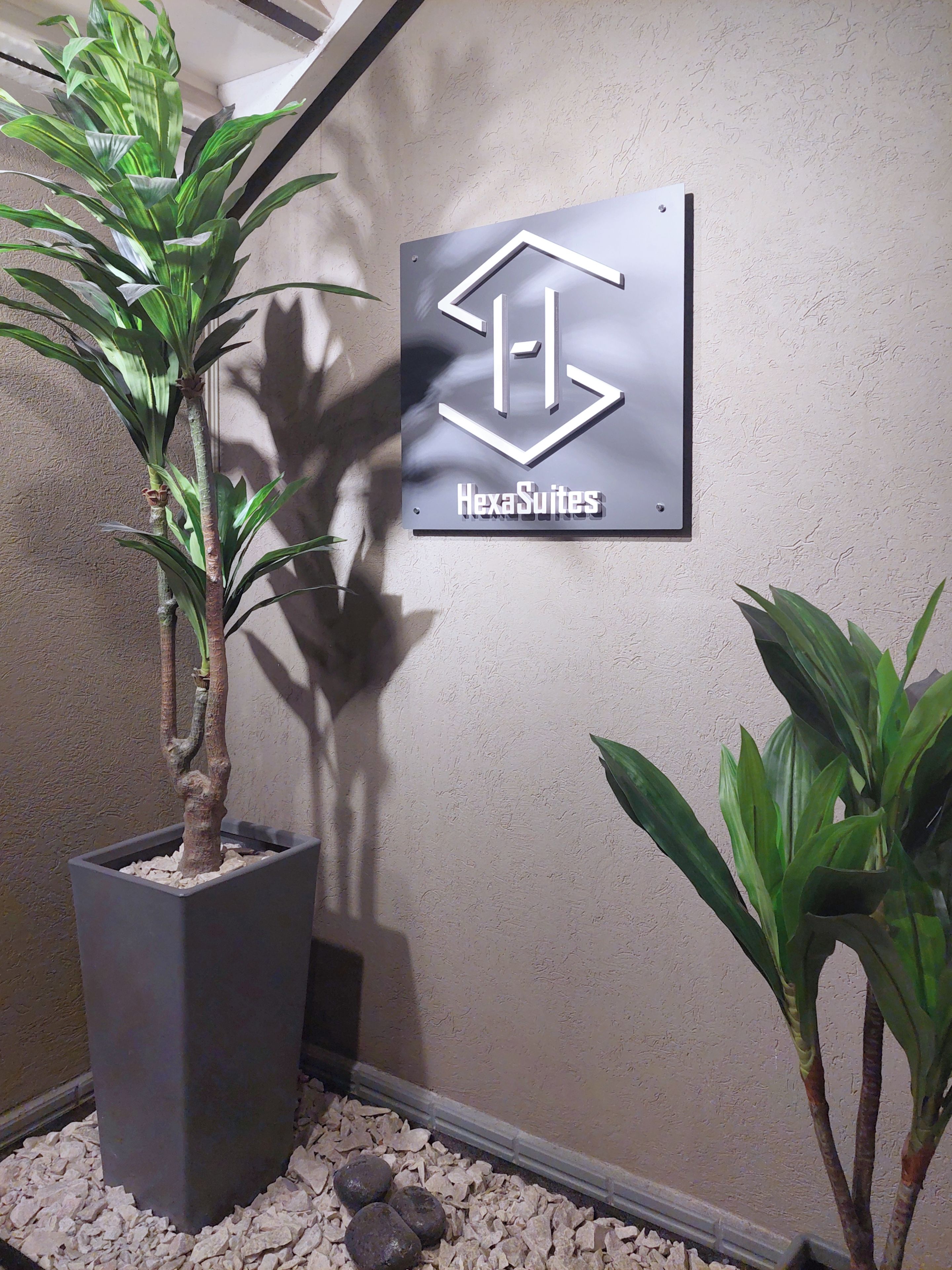 Un letrero para 'HexaSuites' con un logotipo geométrico, una planta en maceta y una pared con textura.