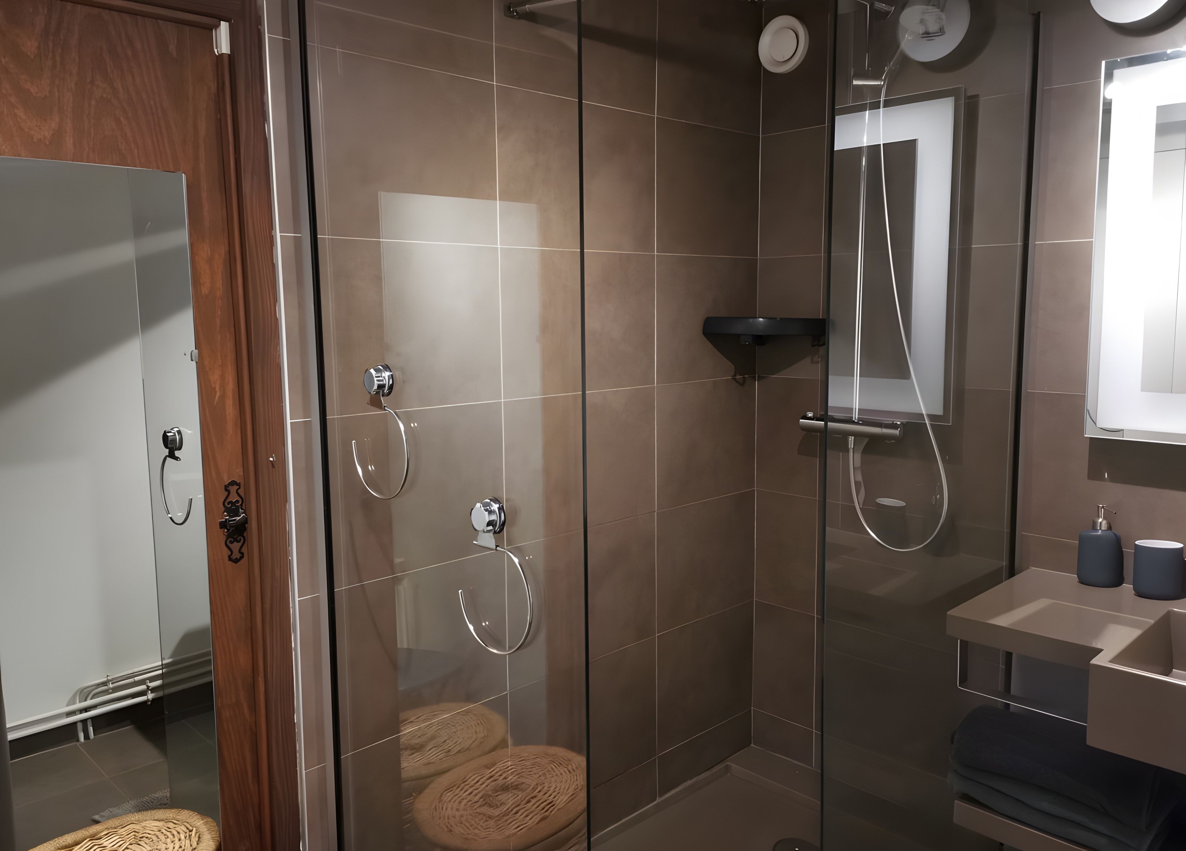 Een moderne badkamer met een douchecabine van glas, een houten deur en een wastafel met een spiegel en twee zeepdispensers.