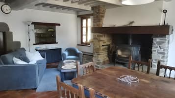 Una sala acogedora con chimenea de piedra, una mesa de comedor y un sofá azul.