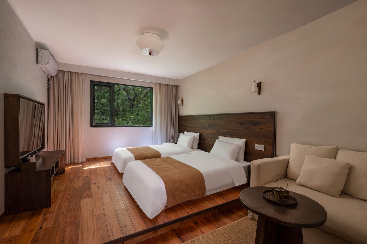 Habitación estándar con 2 camas individuales, vistas a la colina | Cortinas opacas, tabla de planchar con plancha, ropa de cama