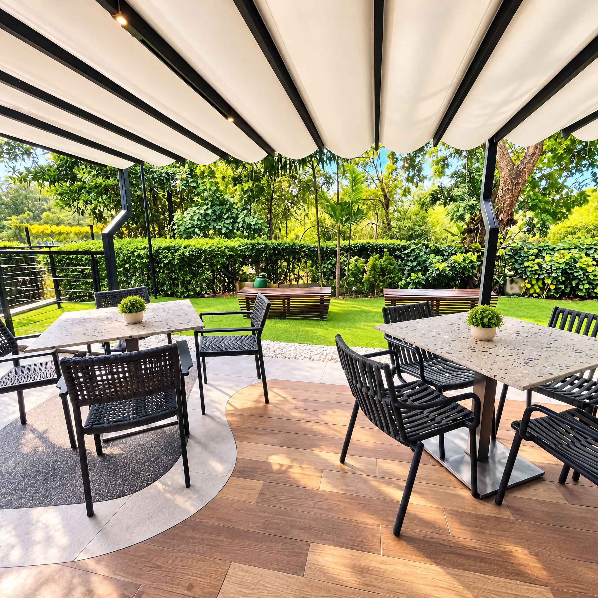 Un patio al aire libre con mesas y sillas, rodeado de follaje y vistas a un jardín bien cuidado.