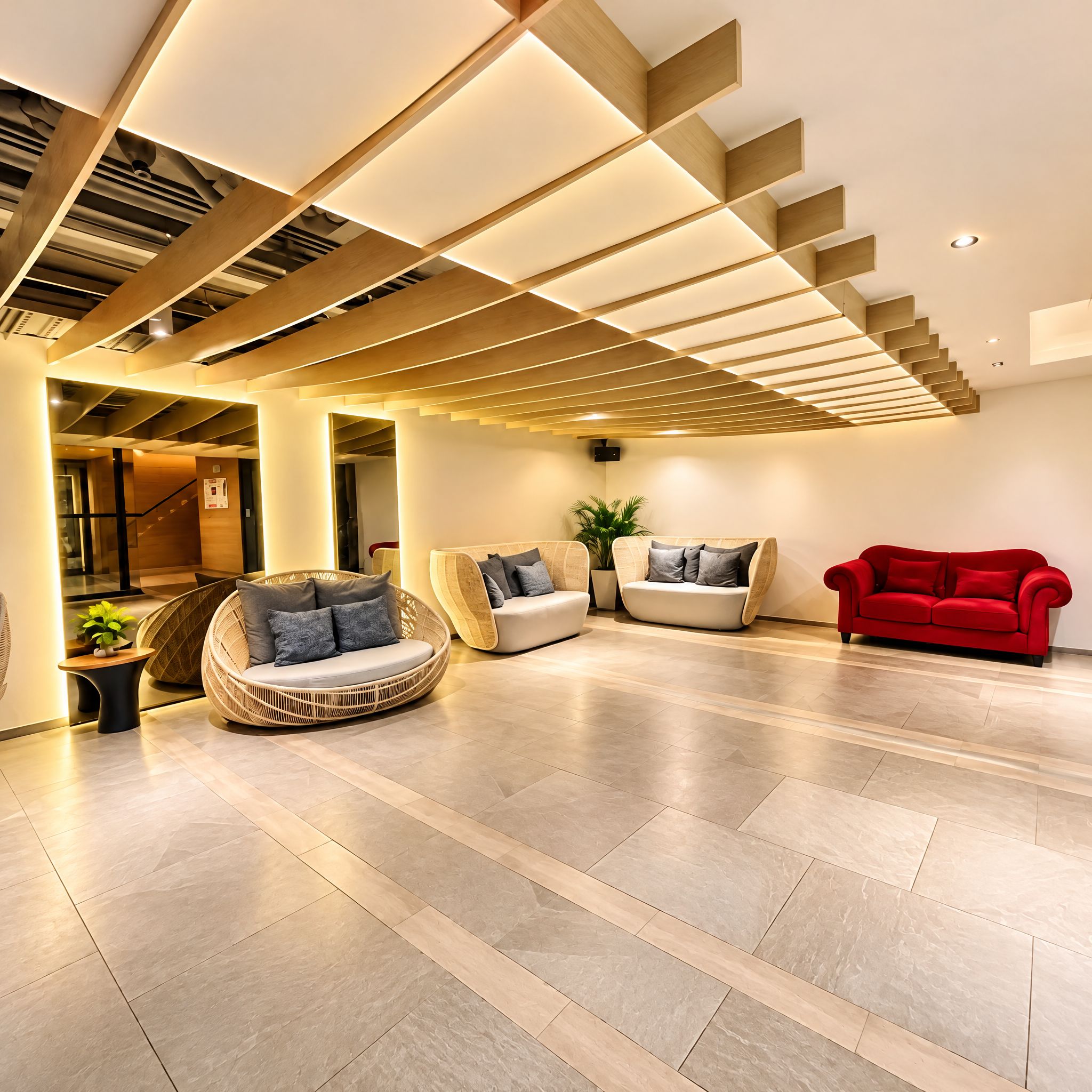 A modern interior with a staircase, seating areas, and a red sofa.
