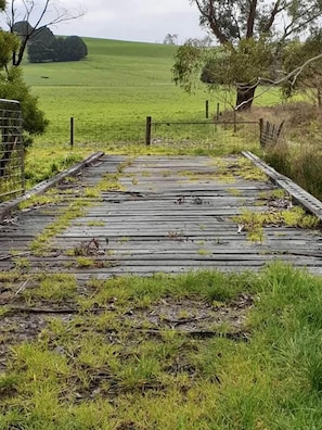 Un pont de fusta que condueix a una zona tancada amb un camp de gespa al fons.